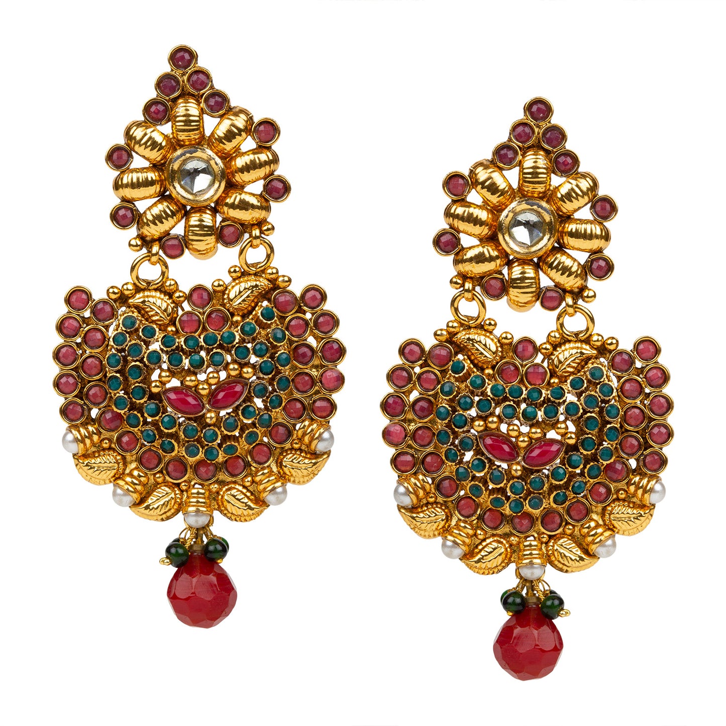 bindhani gold plated pearl drop maroon green kundan copper earrings for women 