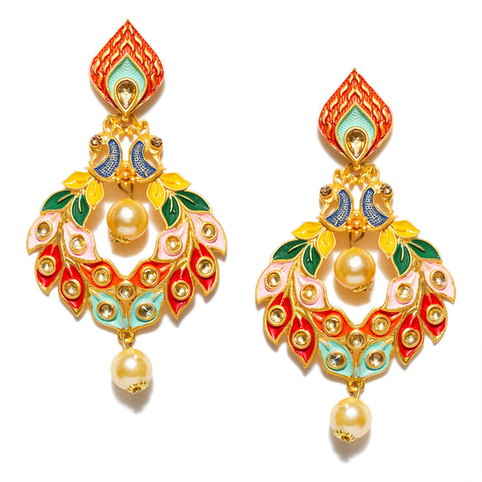 bindhani gold plated pearl drop multicolor peacock meenakari earrings for women girls