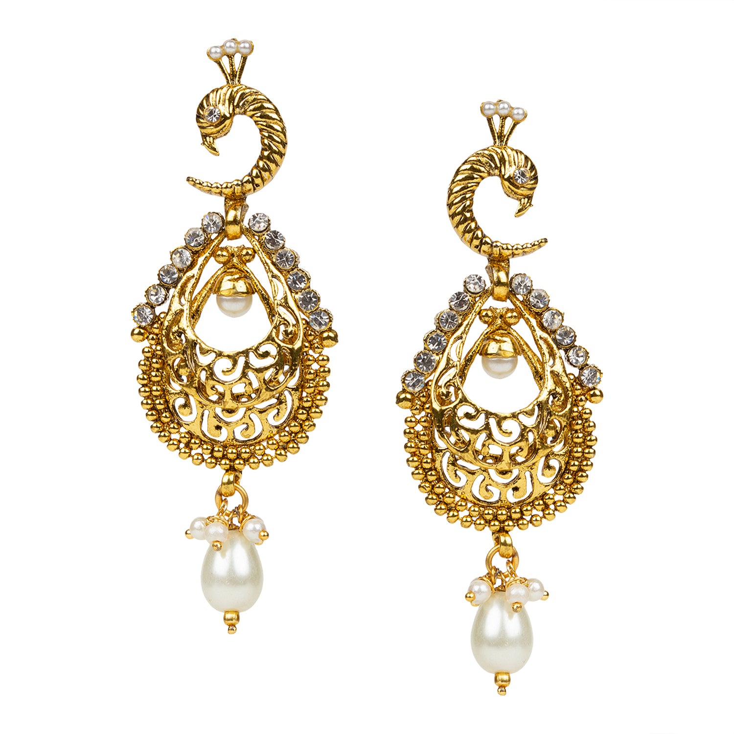 bindhani gold plated pearl drop peacock earrings for women