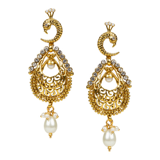 bindhani gold plated pearl drop peacock earrings for women