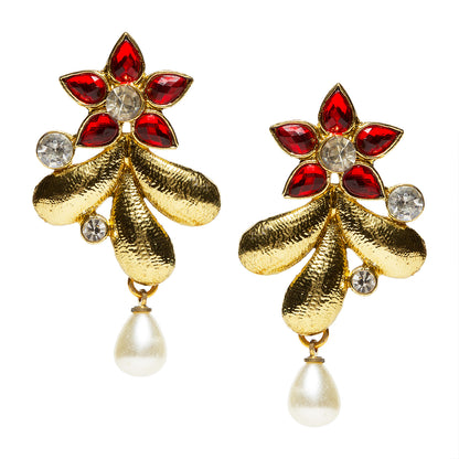 bindhani gold plated pearl drop red white stone red tear drop earrings for women and teenage girls