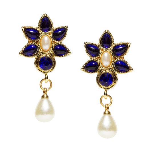 bindhani gold plated pearl drop white blue stone small blue studs earrings for women and girls