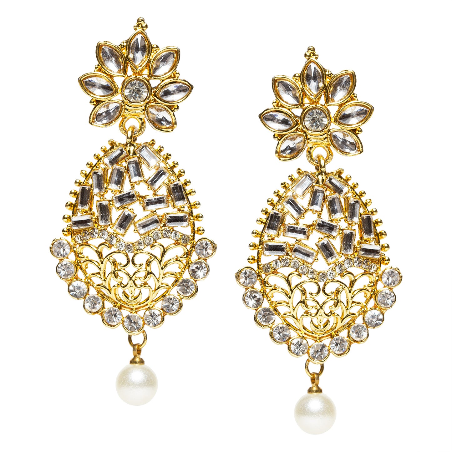 bindhani gold plated pearl drop white crystal stone dangler drop earrings for women and girls