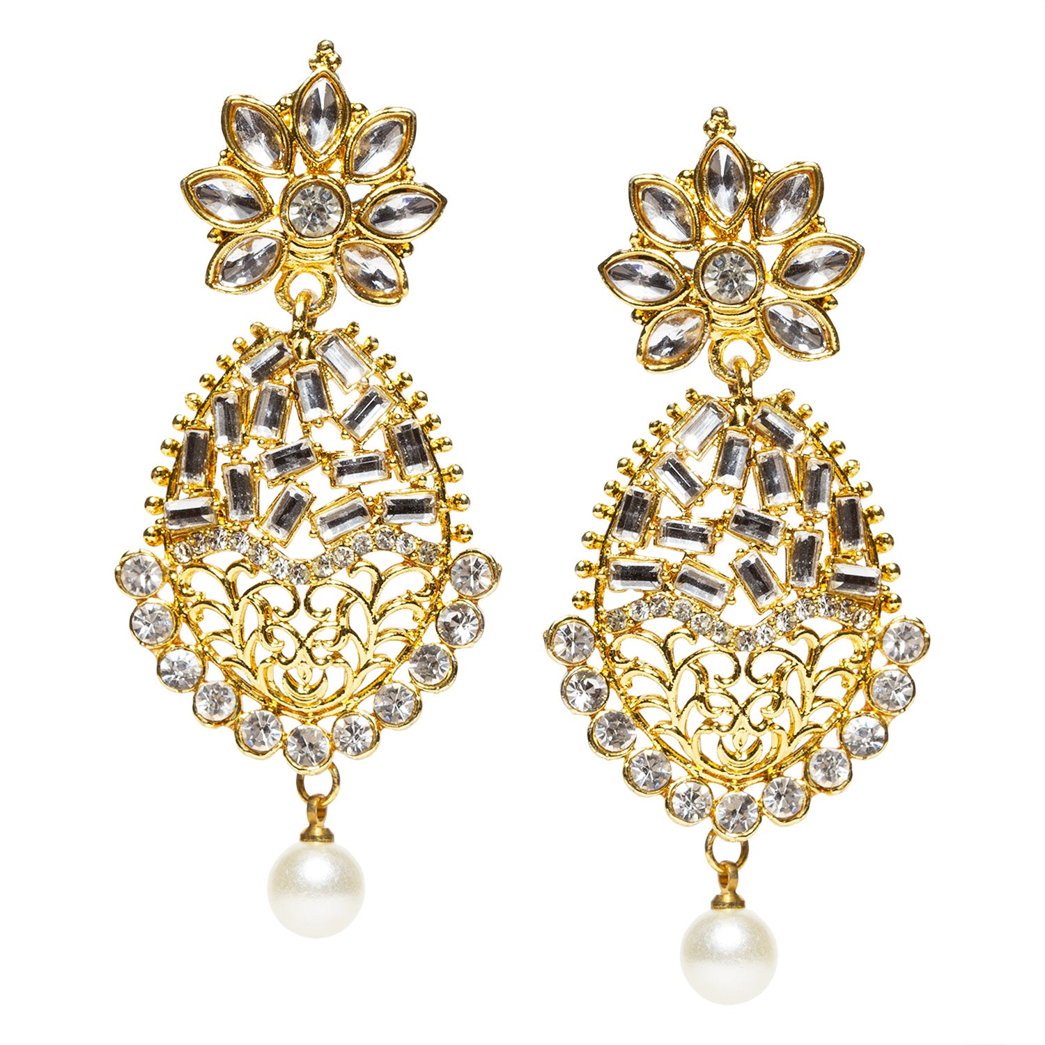 bindhani gold plated pearl drop white crystal stone dangler drop earrings for women and girls