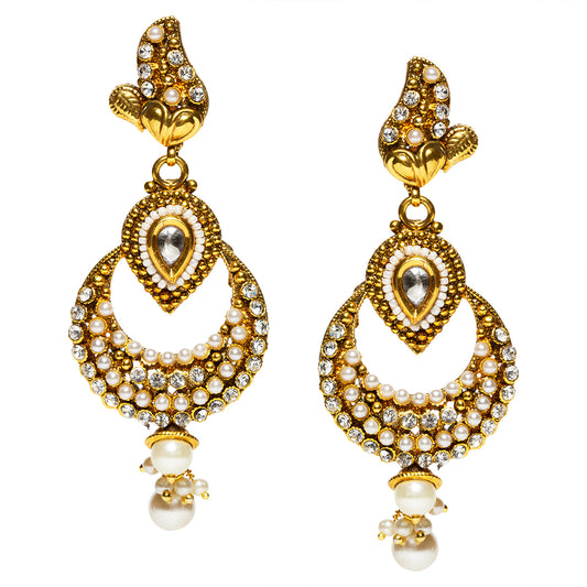 bindhani gold plated pearl drop white kundan stone earrings for women and girls