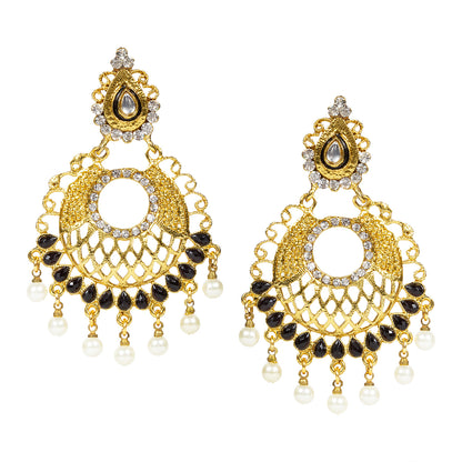 bindhani gold plated pearl drops black white kundan stone chandbali earrings for women and girls