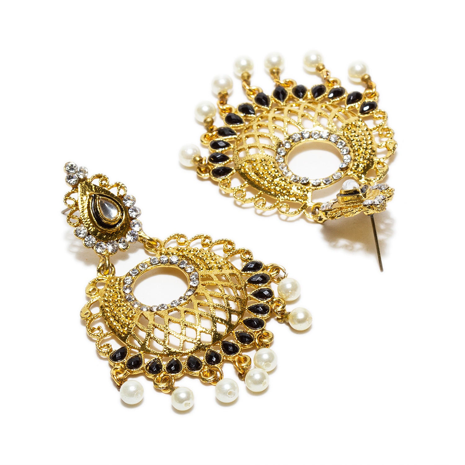 bindhani gold plated pearl drops black white kundan stone chandbali earrings for women and girls