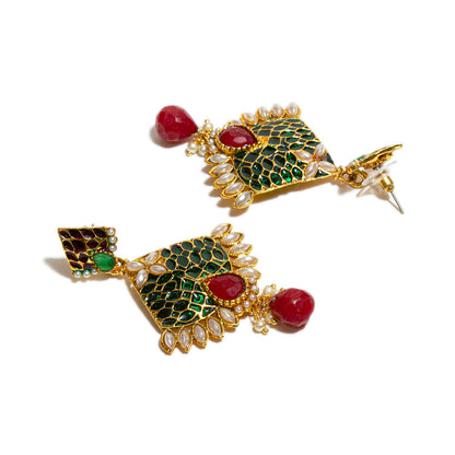 bindhani gold plated red pearl green meenakari drop earrings for women