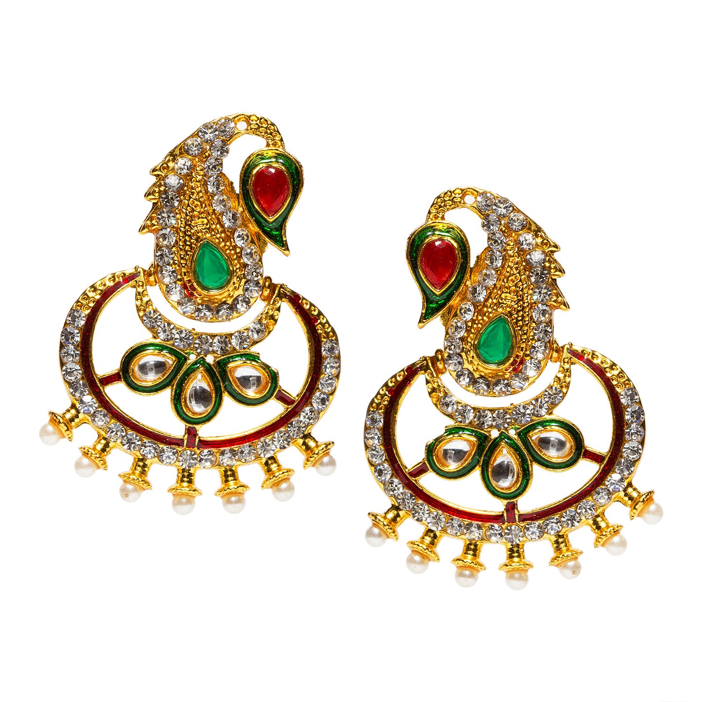 bindhani gold plated pearl red green white kundan stone meenakari dangle earrings for women and girls