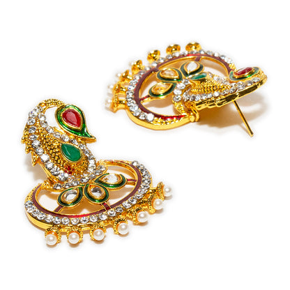 bindhani gold plated pearl red green white kundan stone meenakari dangle earrings for women and girls