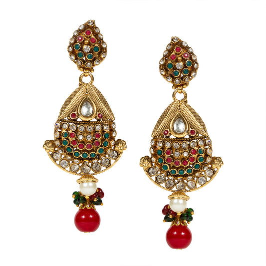 bindhani gold plated pearl red green white polki stone kundan earrings for women and girls