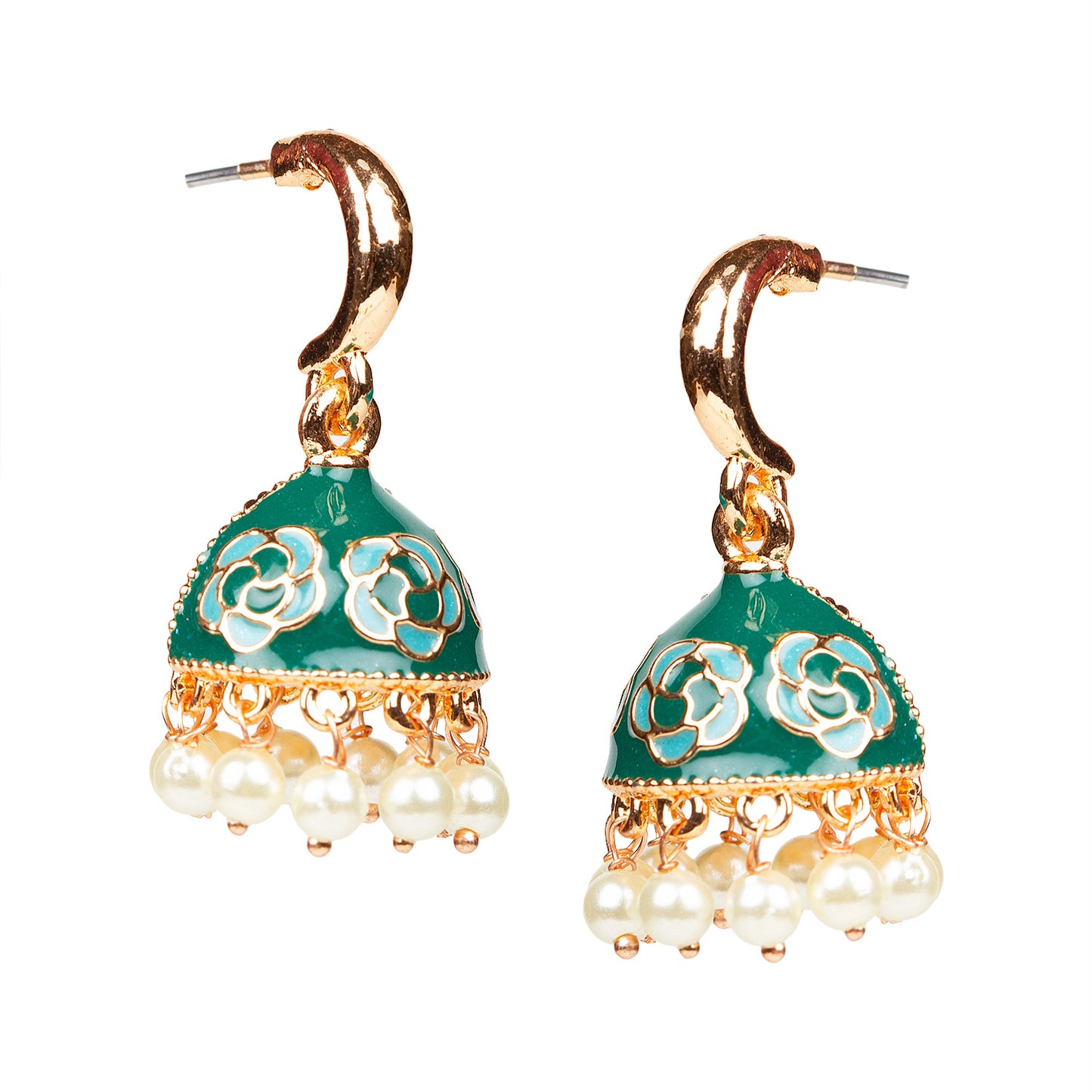 bindhani gold plated pearls drop meenakari small green jhumka earrings women girls