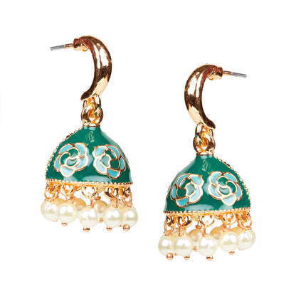 bindhani gold plated pearls drop meenakari small green jhumka earrings women girls