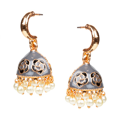 bindhani gold plated pearls drop meenakari small grey jhumka earrings women girls