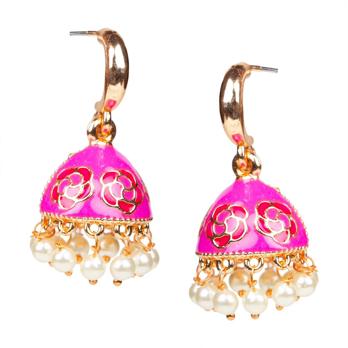 bindhani gold plated pearls drop meenakari small pink jhumka earrings women girls