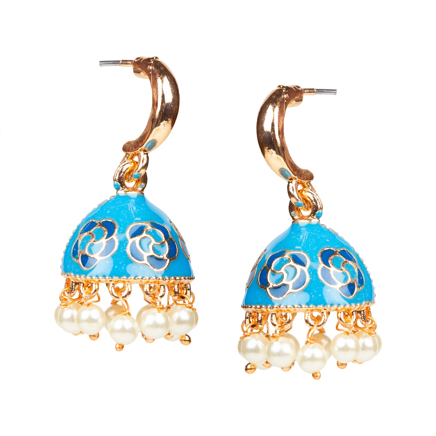 bindhani gold plated pearls drop meenakari small sky blue jhumka earrings women girls