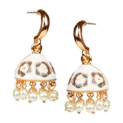 bindhani gold plated pearls drop meenakari small white jhumka earrings women girls