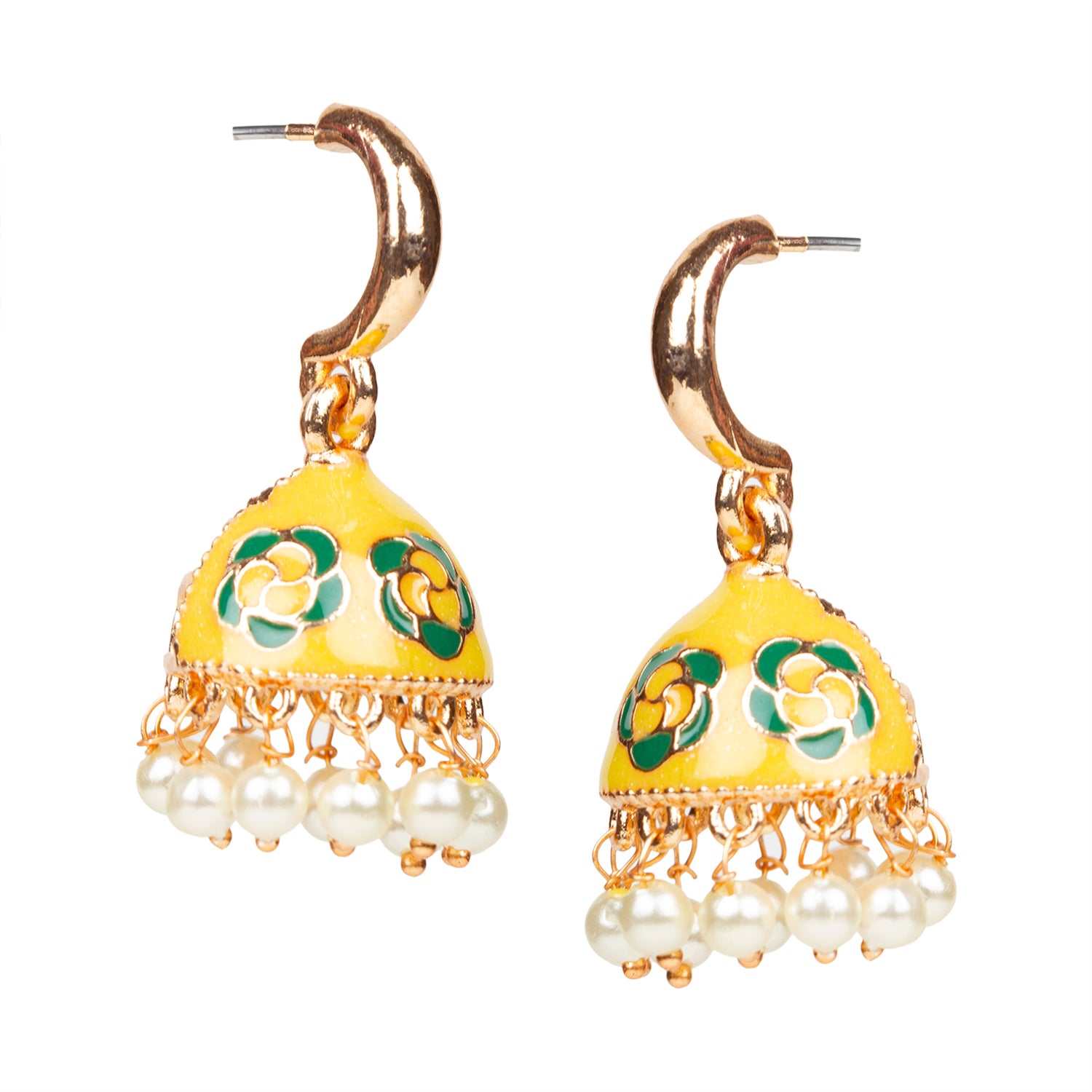 bindhani gold plated pearls drop meenakari small yellow jhumka earrings women girls