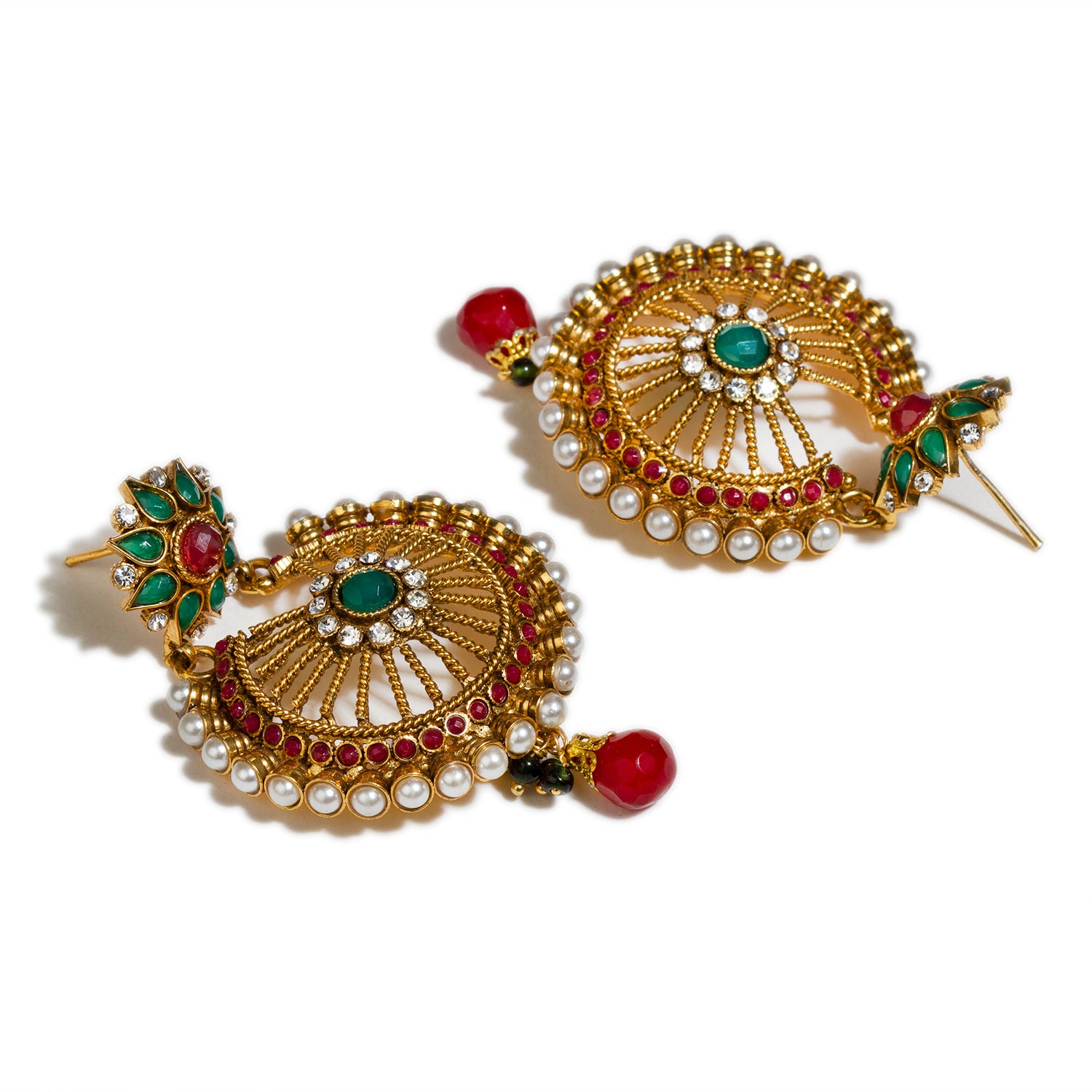 bindhani gold plated pearls green polki stone red drop earrings for women 