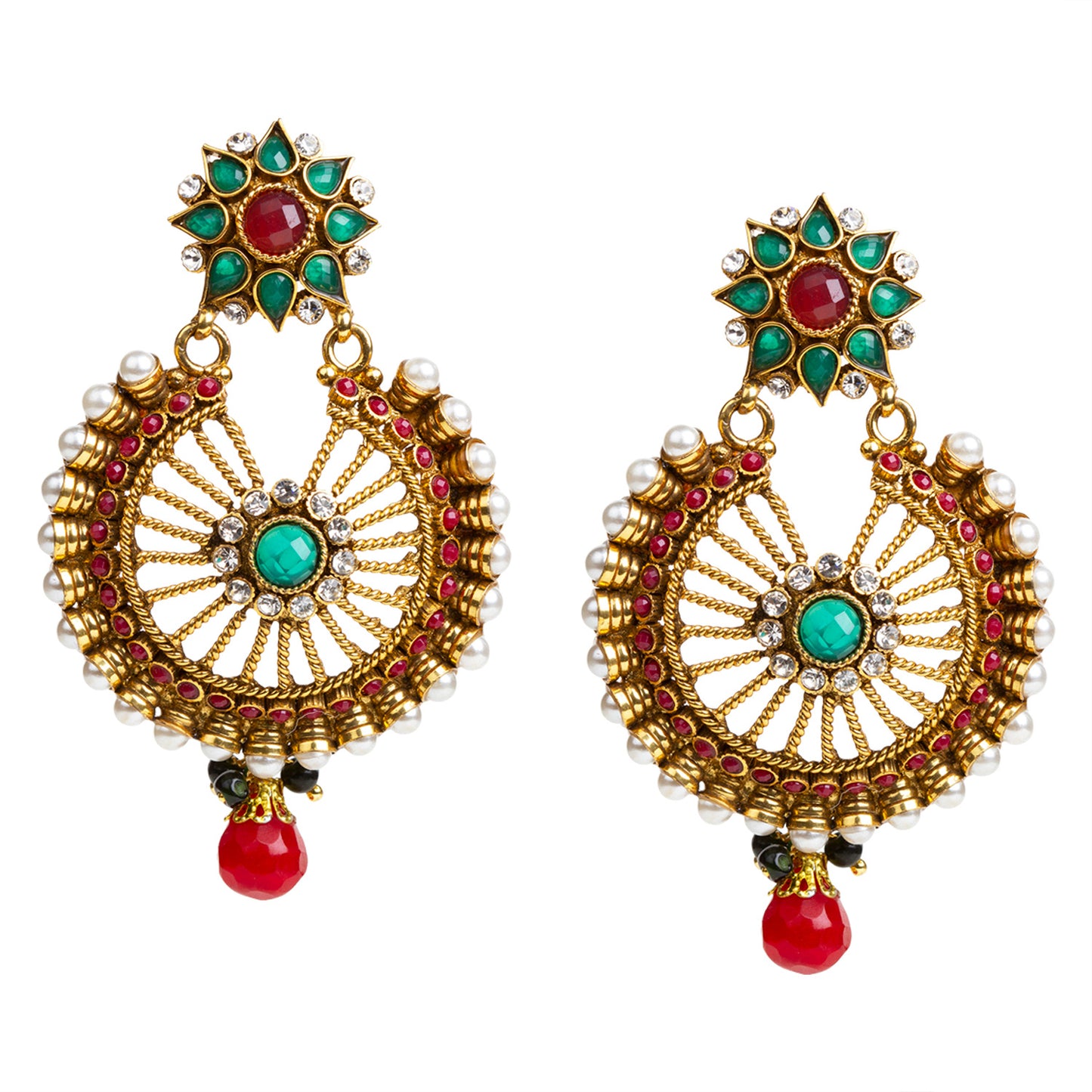 bindhani gold plated pearls green polki stone red drop earrings for women 