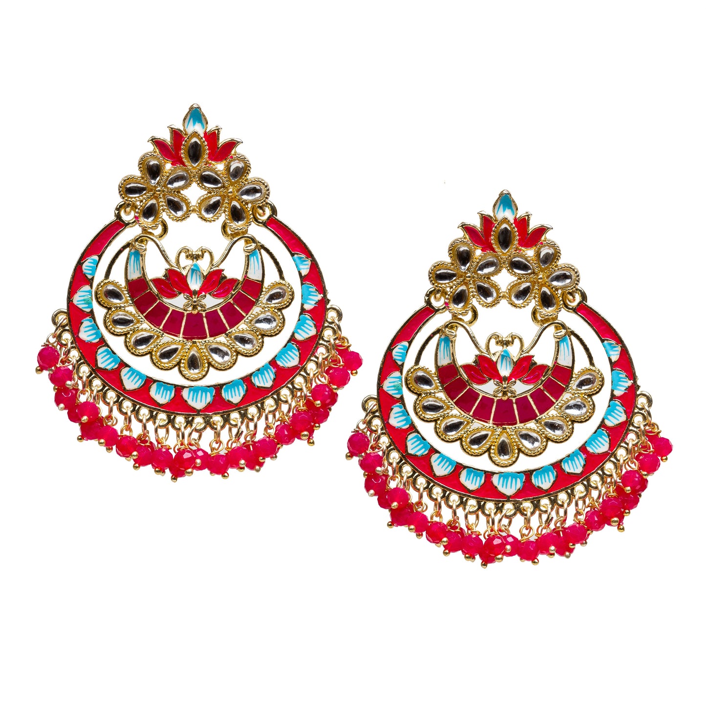 bindhani gold plated pink beads kundan stone meeanakari chandball earrings for women girls