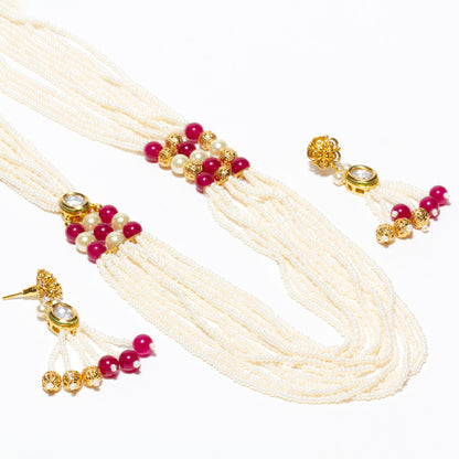 bindhani gold plated pink color kundan moti pearl long mala necklace earrings set for women