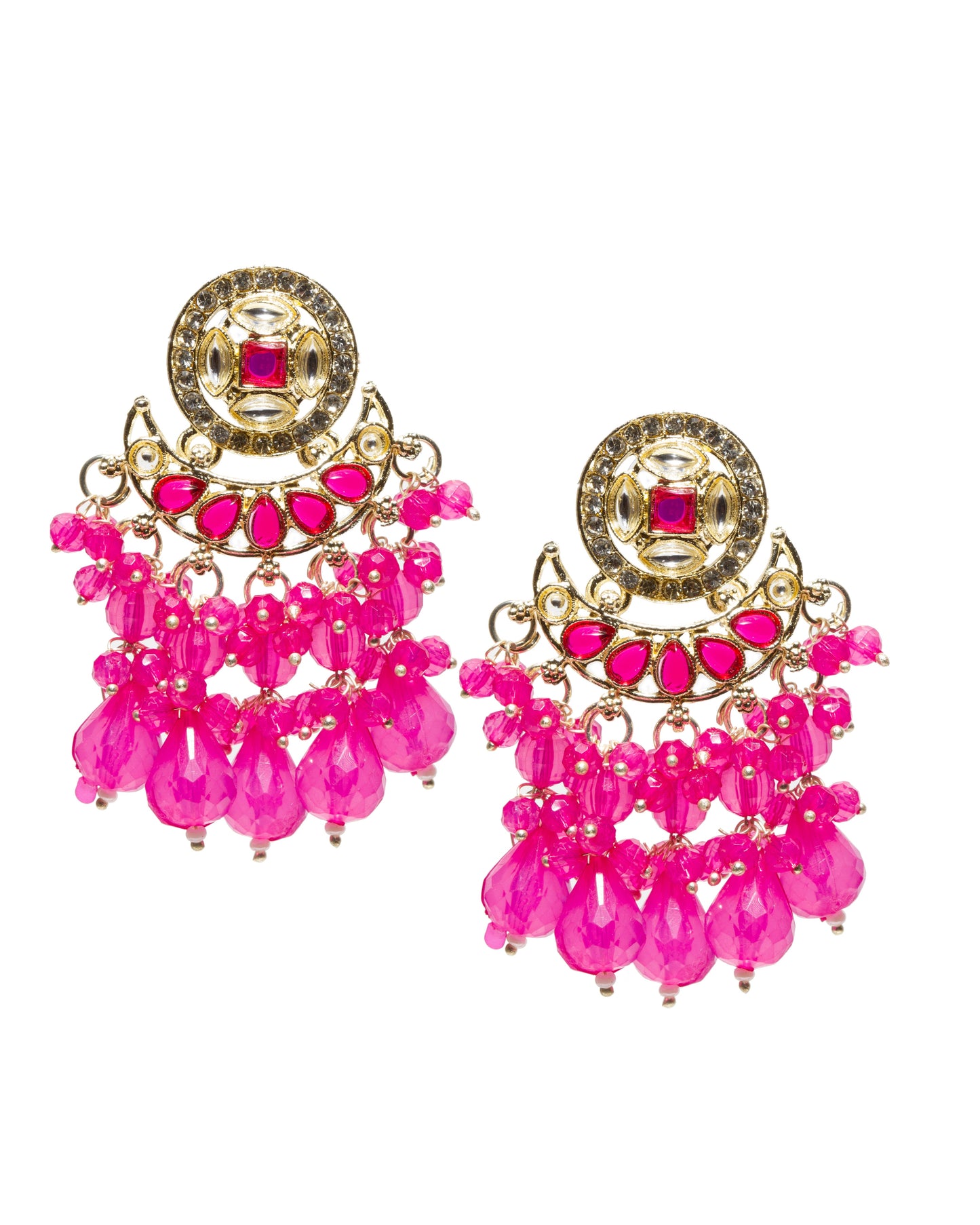 white background front view bindhani gold plated small earrings kundna stone rani pink pearl drop chandbali earrings. Elegant traditional ethnic earrings ideal for festive, casual, and wedding wear. 