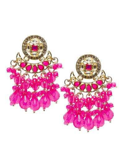white background front view bindhani gold plated small earrings kundna stone rani pink pearl drop chandbali earrings. Elegant traditional ethnic earrings ideal for festive, casual, and wedding wear. 