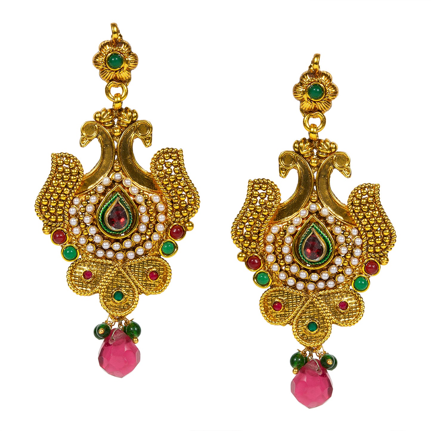 bindhani gold plated pink drop white pearl and red green stone peacock dangle earrings for women and girls