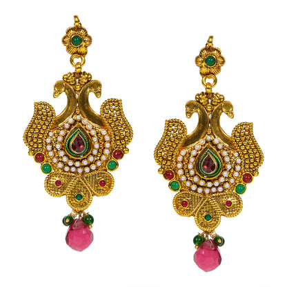 bindhani gold plated pink drop white pearl and red green stone peacock dangle earrings for women and girls