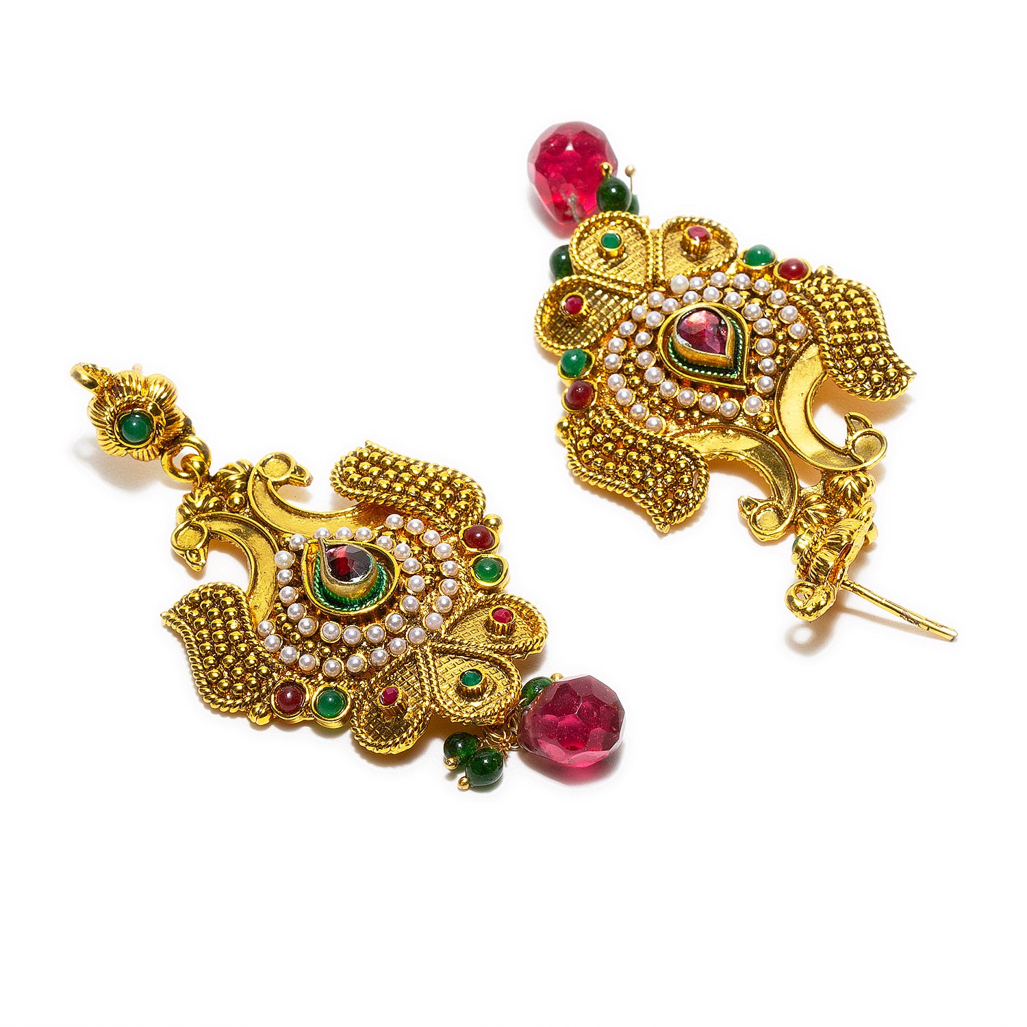 bindhani gold plated pink drop white pearl and red green stone peacock dangle earrings for women and girls