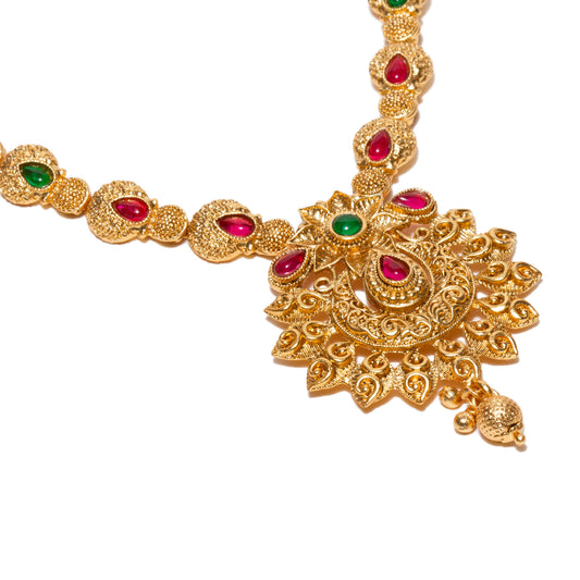 bindhani-gold-plated-pink-green-south-indian-style-centre-necklace-earrings-set-for-women-girls