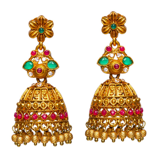 bindhani gold plated pink green stone golden beads jhumki earrings for women girls