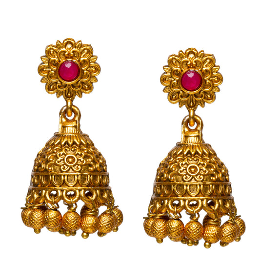 bindhani gold plated pink stone golden beads jhumka earrings women girls