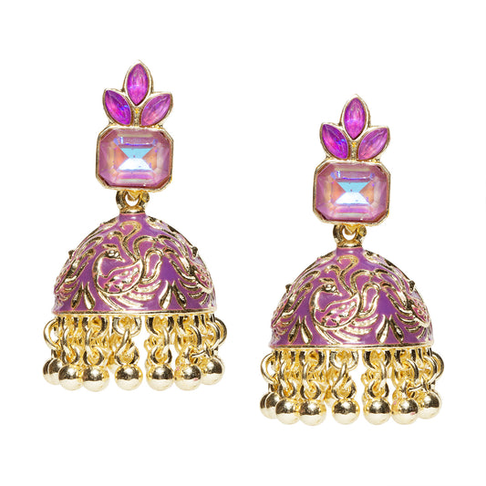 Bindhani gold-plated purple enamel jhumka earrings for women featuring square purple stone stud, floral top design, intricate peacock detailing on dome-shaped jhumki, and gold bead drop accents on a white background.