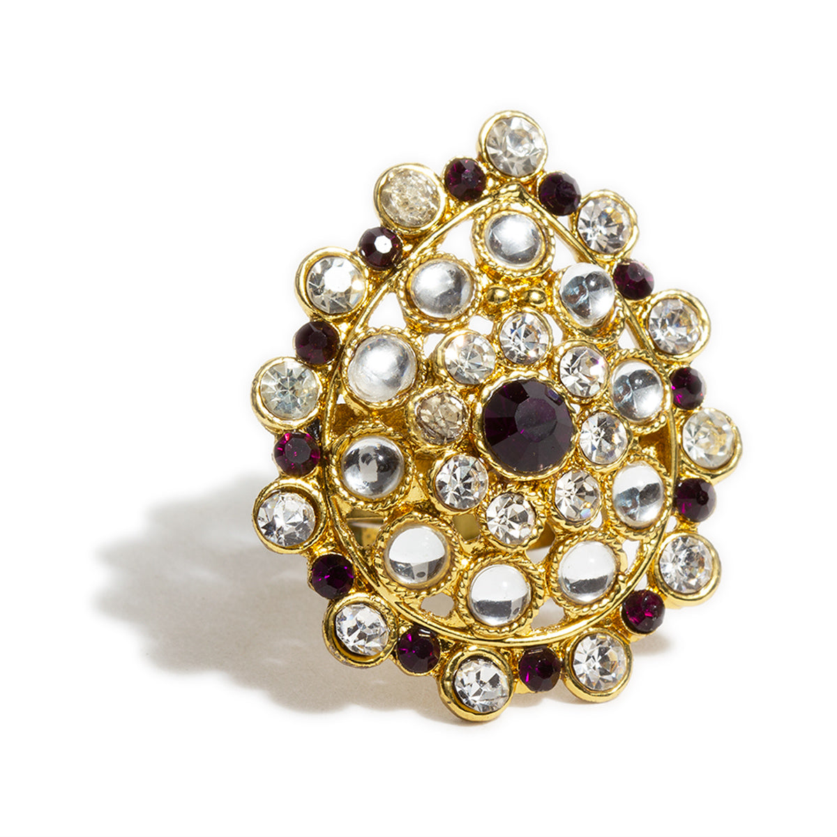 bindhani gold plated purple white kundan stone adjustable finger ring for women and girls