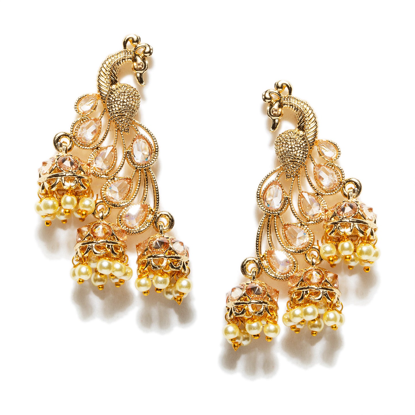 bindhani gold plated radiance stone golden beads peacock jhumka earrings for women girls