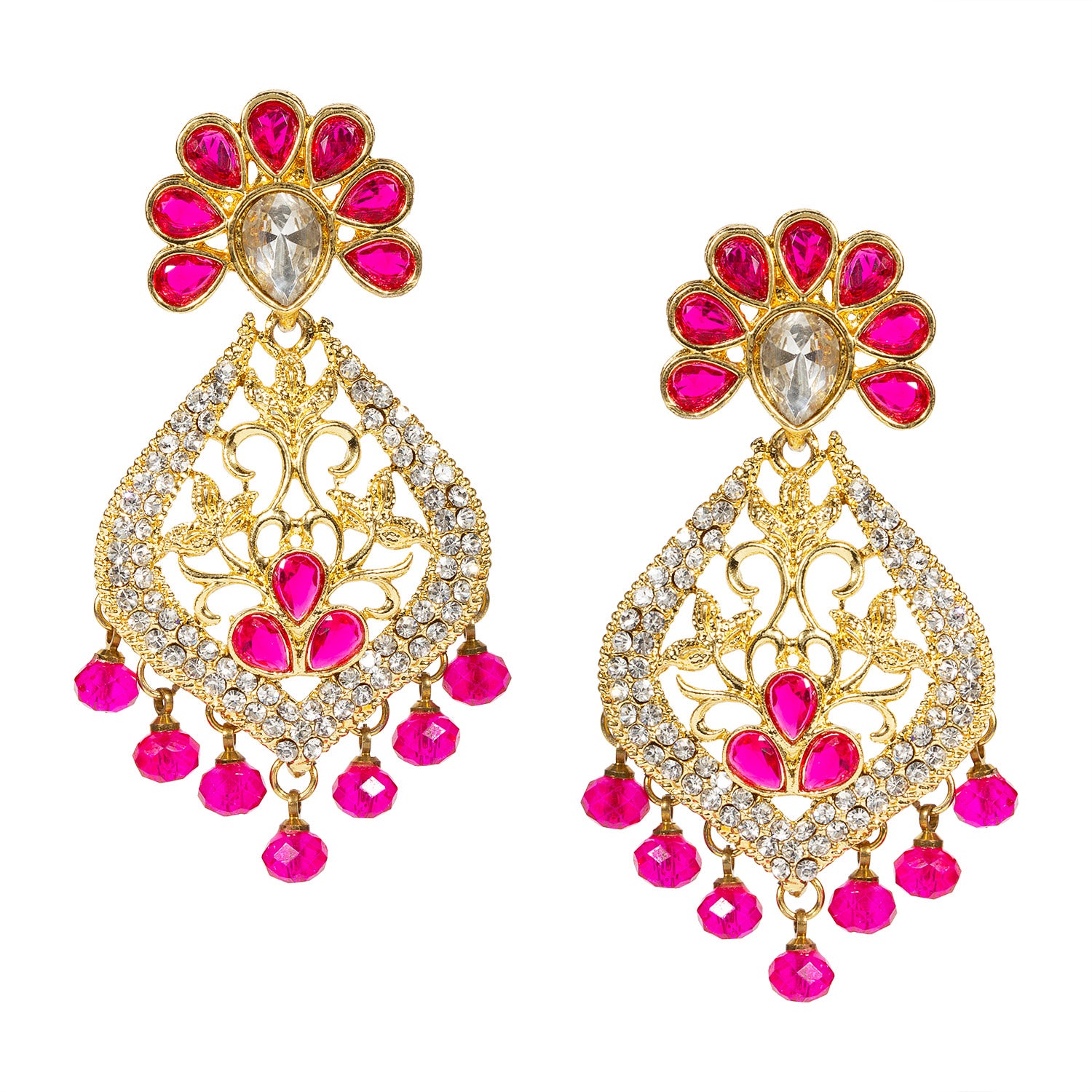 bindhani gold plated rani pink pearl drop white stone earrings for women and girls