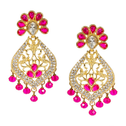 bindhani gold plated rani pink pearl drop white stone earrings for women and girls