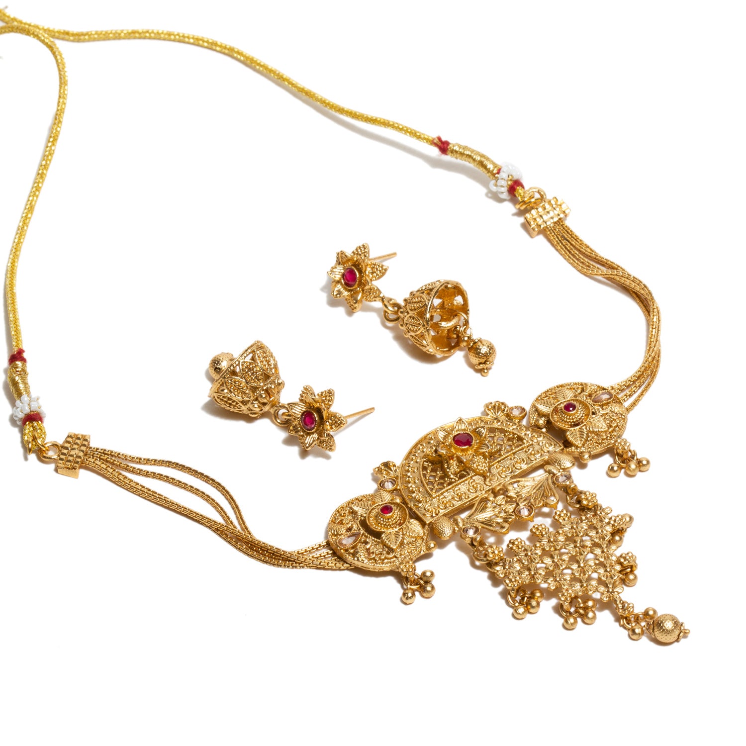 bindhani-gold-plated-red-Maroon-south-india-choker-necklace-jhumka-earrings-set-for-women-girls