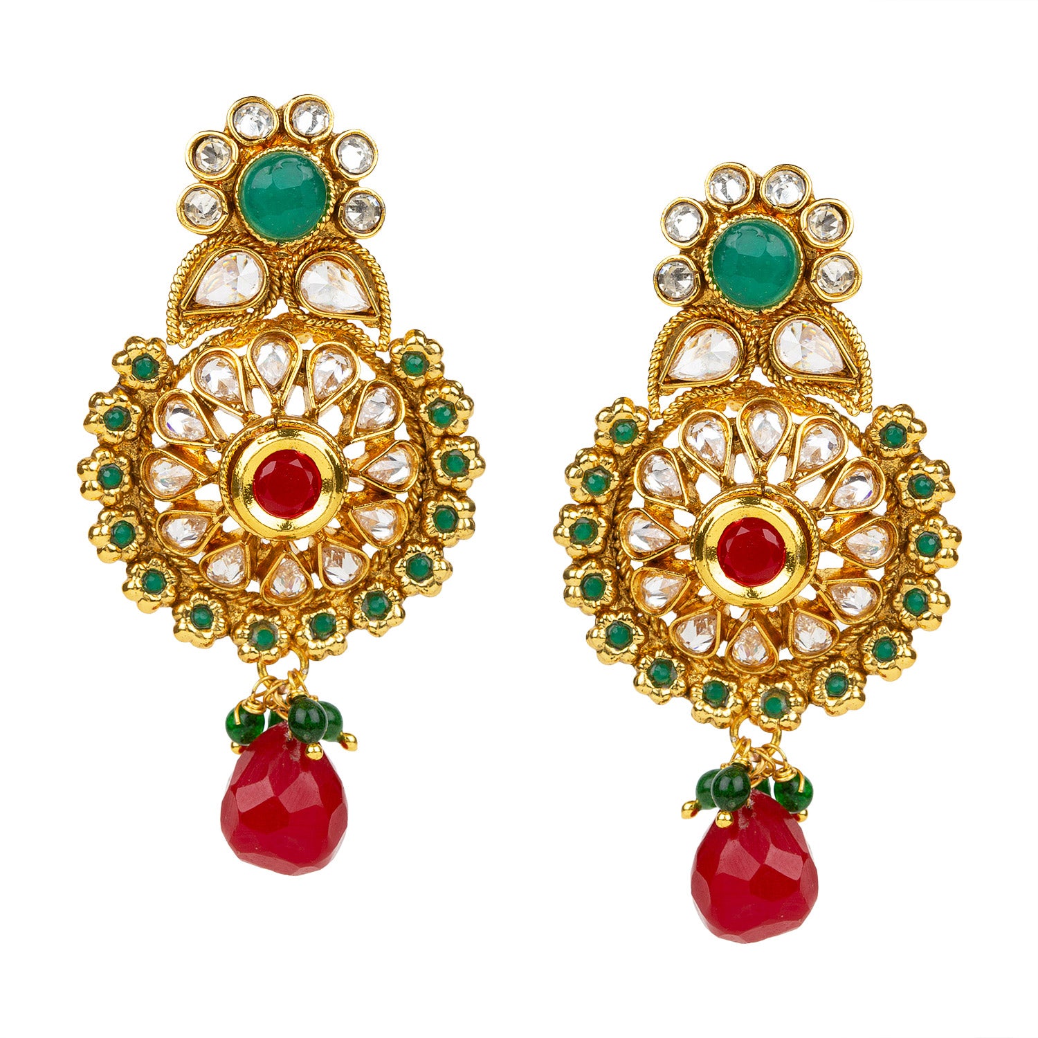 bindhani gold plated red drop and red green kundan stone copper earrings for women and girls