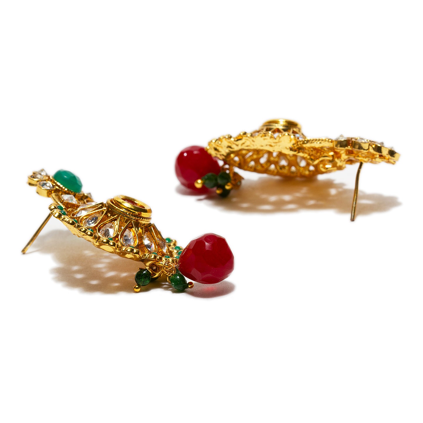 bindhani gold plated red drop and red green kundan stone copper earrings for women and girls