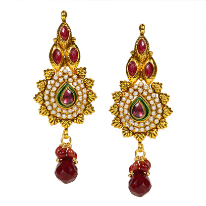 bindhani gold plated red drop beads kundan stone dangle drop earrings for women and girls