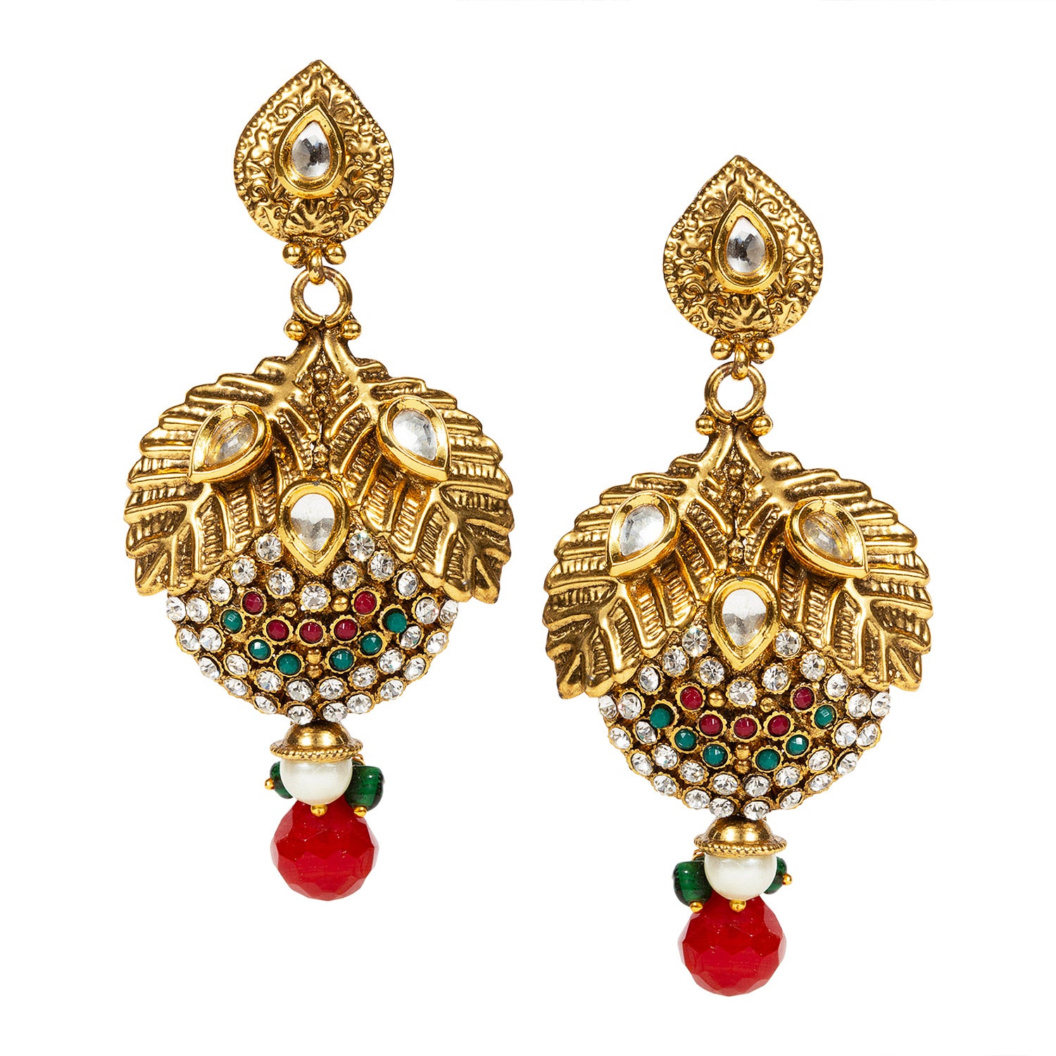 Temple Peacock Jhumka With Red & Green Stones - South India Jewels
