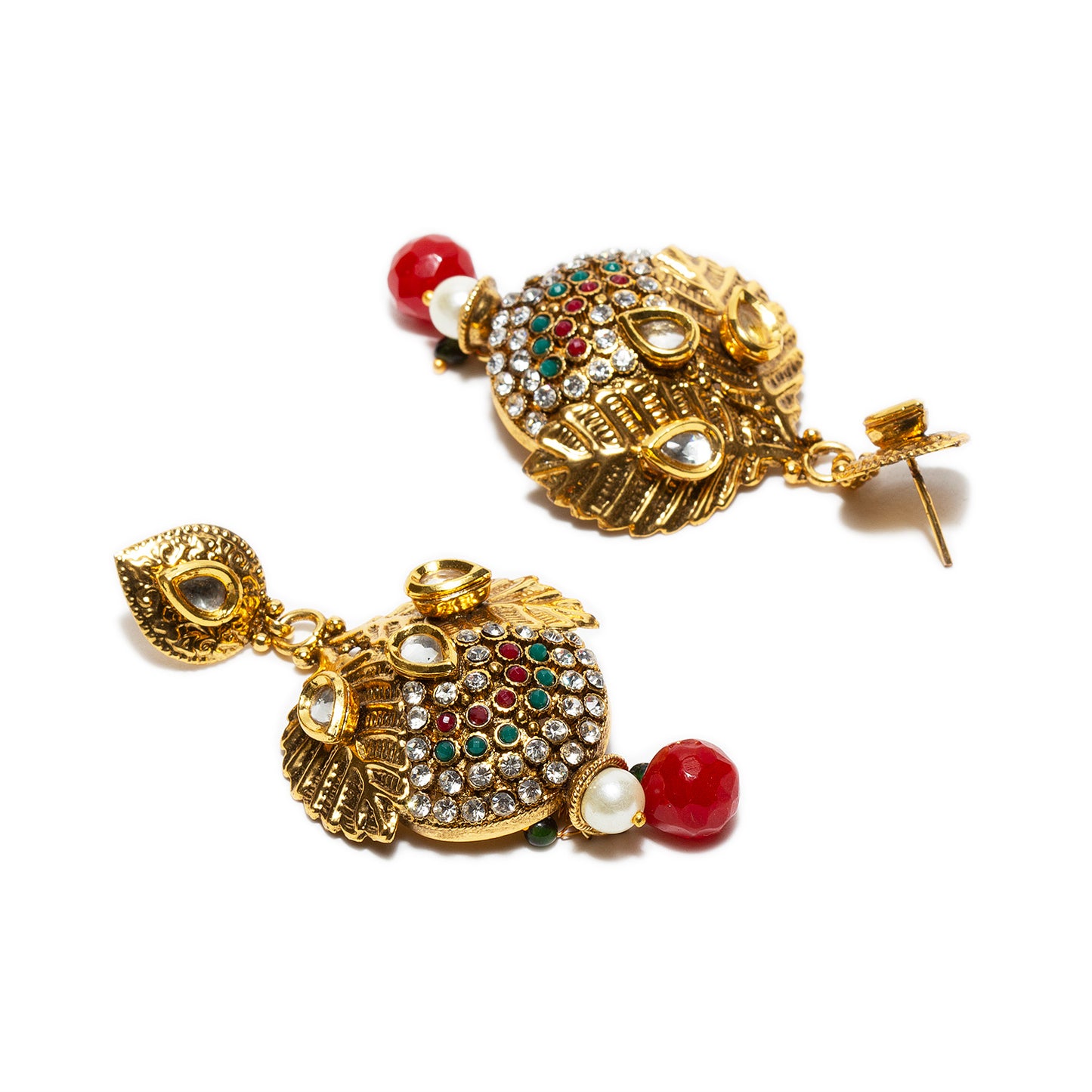 bindhani gold plated red drop green beads red green white copper kundan stone dangle earrings for women and girls