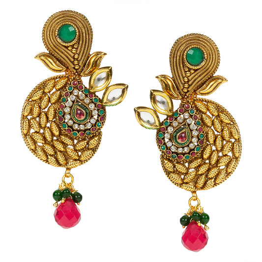 bindhani gold plated red drop green beads red green white kundan stone copper dangle earrings for women and girls