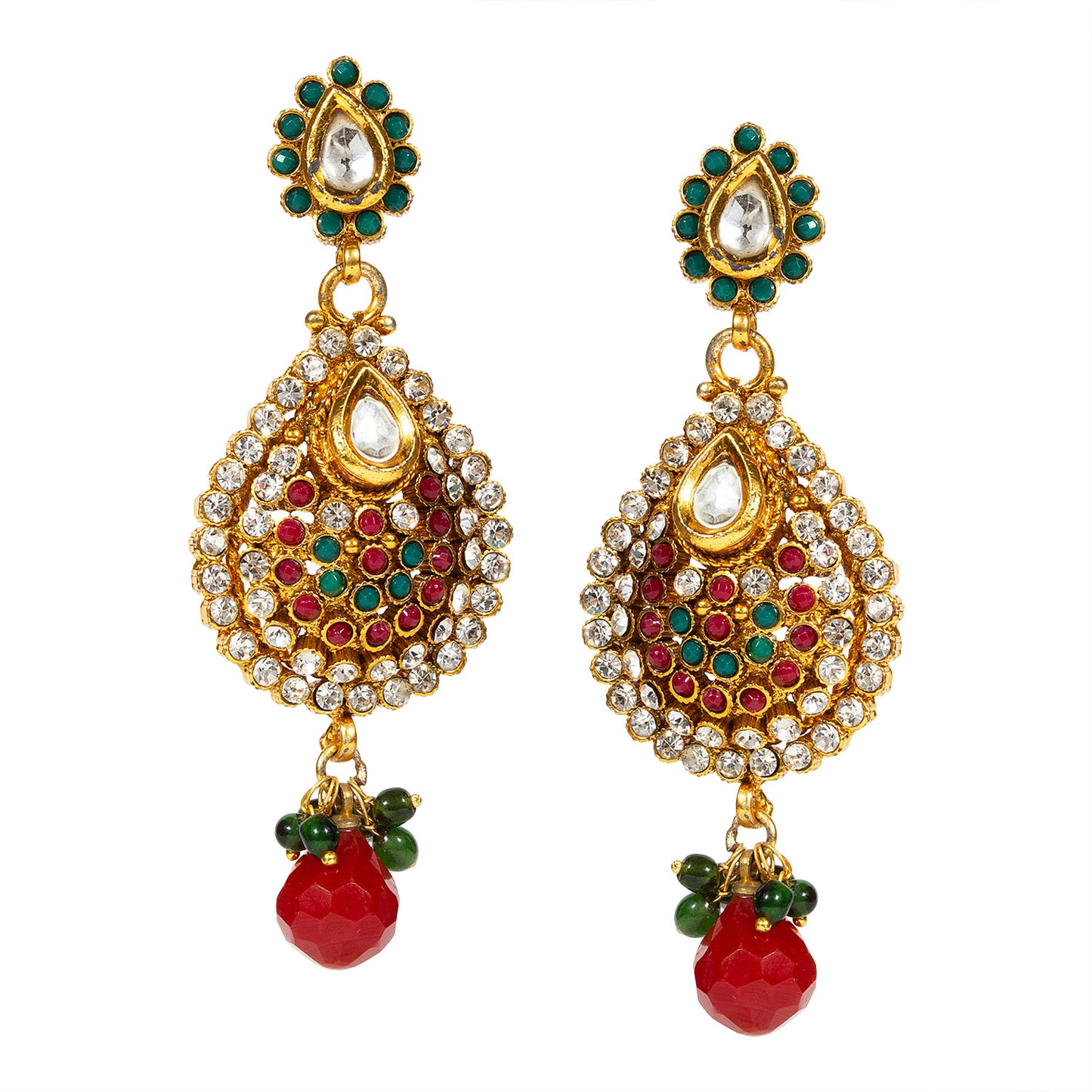 bindhani gold plated red drop green beads & red green white kundan stone dangle earrings for women and girls