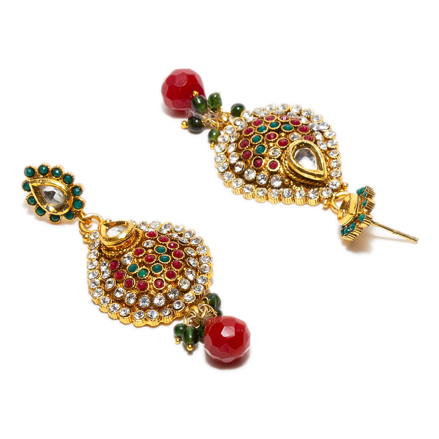 bindhani gold plated red drop green beads & red green white kundan stone dangle earrings for women and girls