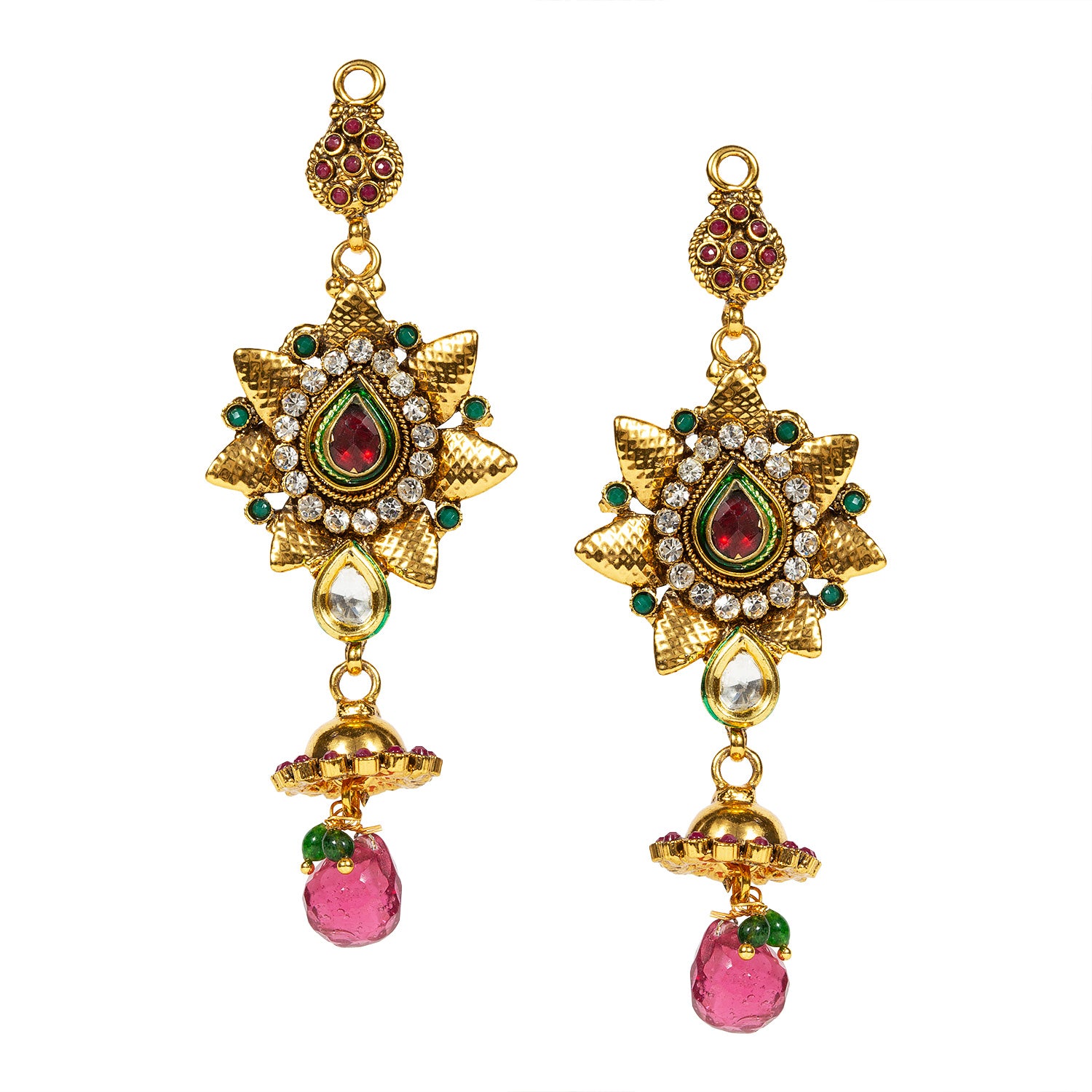 bindhani gold plated red drop green beads red green white kundan stone dangle jhumka earrings for women and girls