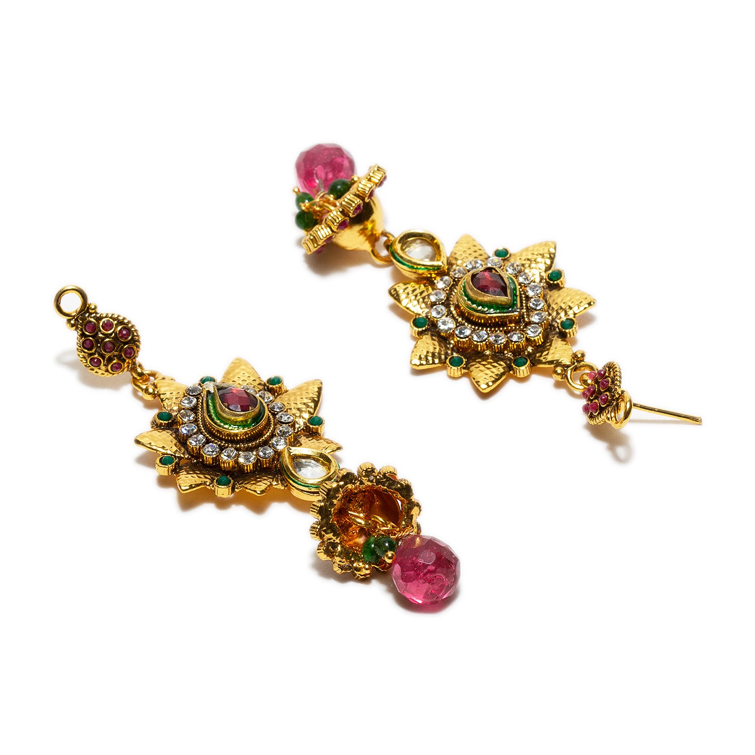 Antique Gold Plated Amrita Jhumka Earrings with Maroon Stone